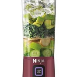 Ninja Blast Portable Blender. 30-second blend. BlastBlade(TM) Assembly. Crushes Ice. under 800g. Sip Lid. BPA Free. Re-chargeable Base. USB-C Charging Cord. 470ML. Ninja BC151SMCR. Cranberry Red