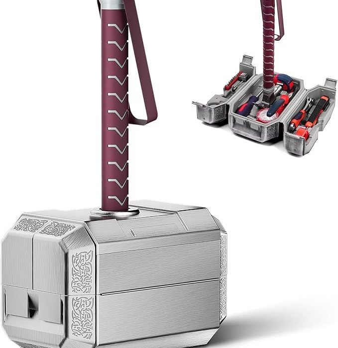 TOKKOT Thor Hammer Tool Box. Multifunctional Home Repair Tool Set Excellent Hand Tool Novelty Gift for Men as Halloween Prop Cosplay Hammer (Silver)