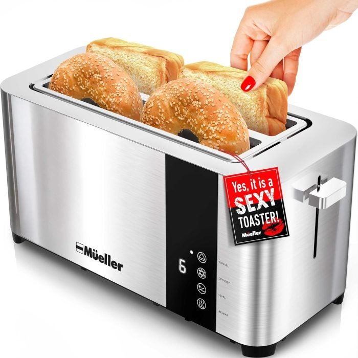 Mueller UltraToast Full Stainless Steel Toaster 4 Slice. Long Extra-Wide Slots for Bagels and Waffles. 6 Browning Levels. LED Display. Cancel/Defrost/Reheat Functions & Removable Tray. Kitchen Gadgets