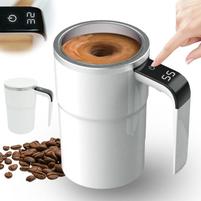 Automatic Magnetic Stirring Coffee Mug with Temperature Display. Rechargeable Stirring Mugs. Multifunctional Spin Mug Birthday Gift for Home Office Kitchen Travel Birthday Gift (White)