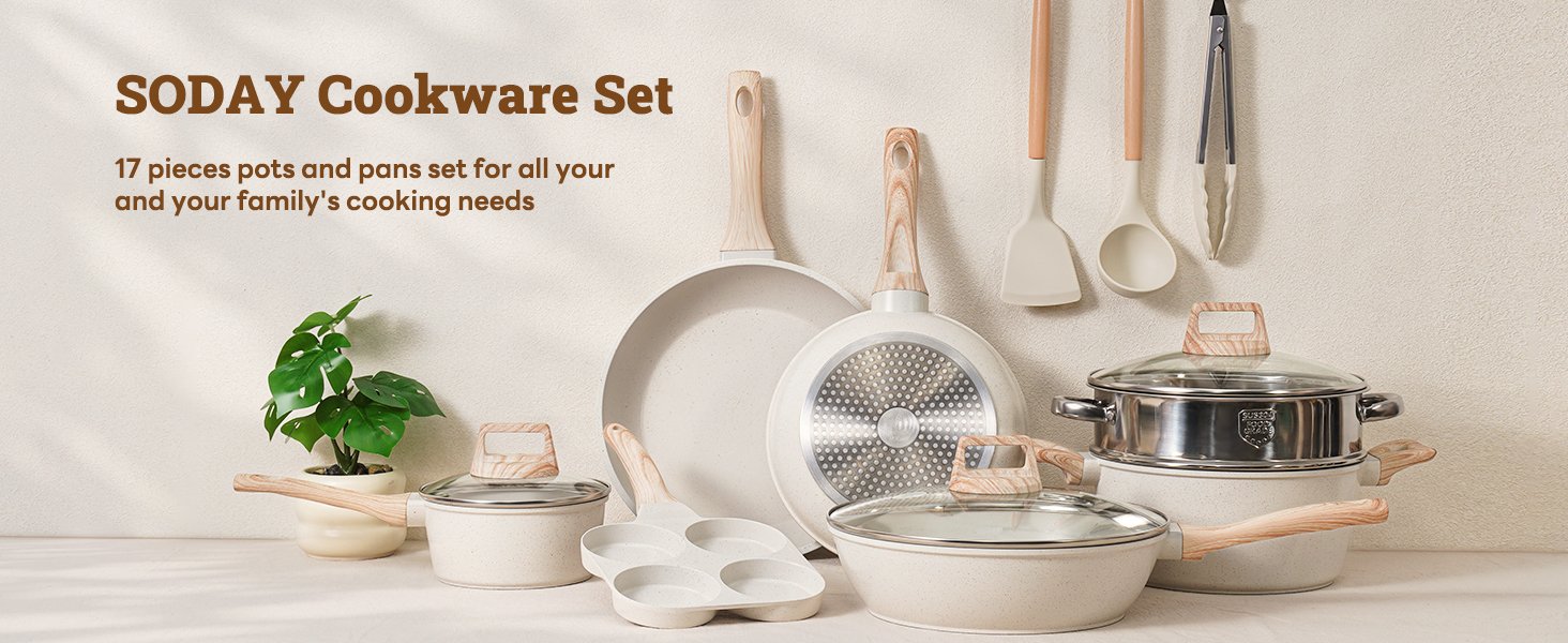 17 Pcs Pots and Pans Set Non stick .Cookware Sets White Granite Induction Cookware. Non-toxic Healthy Non Stick Kitchen Cooking Set with Frying Pans Set. Saucepans (PFAS. PFOA. PFOS Free) White