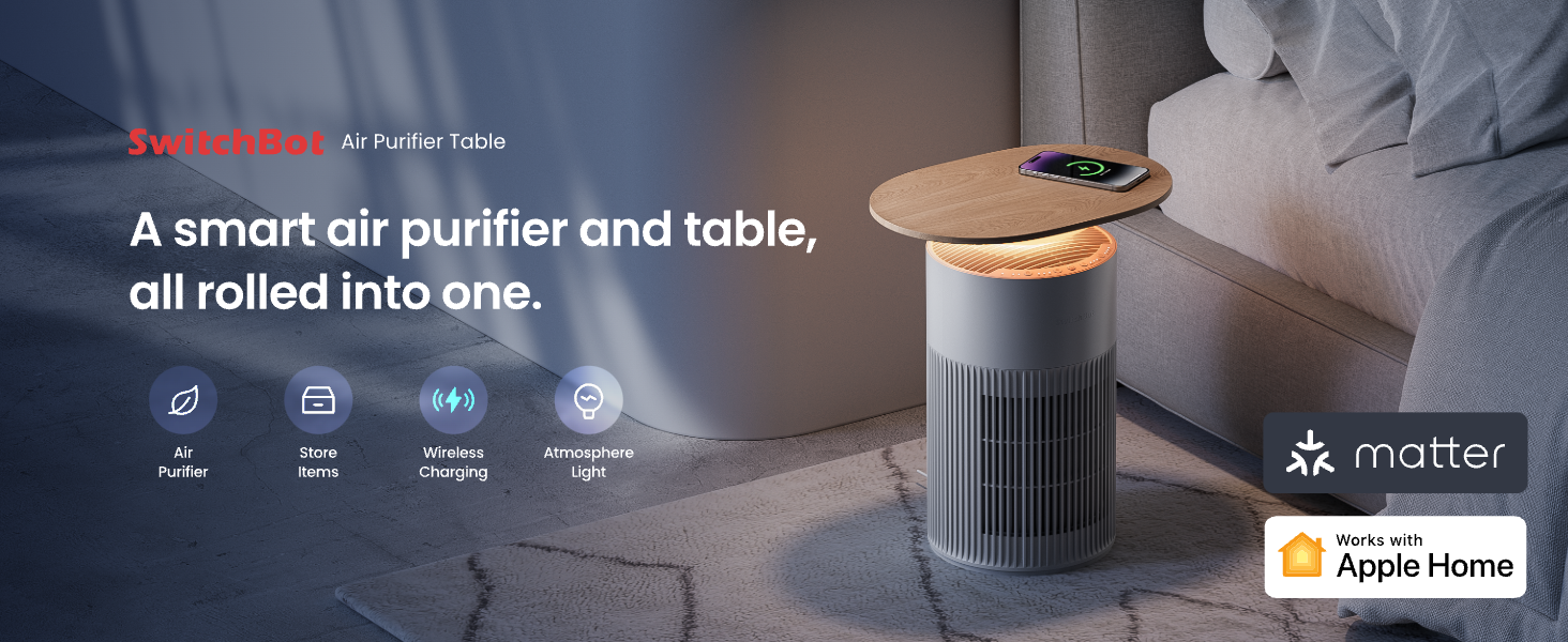 SwitchBot 4 in 1 Air Purifiers Table with Matter, Up to 3620 ft², H13 HEPA Pet Filter, Wireless Charging, Washable Pre-filter, 10 RGB Colors, Work with Apple Home, Alexa, GoogleHome, HomeAssistant