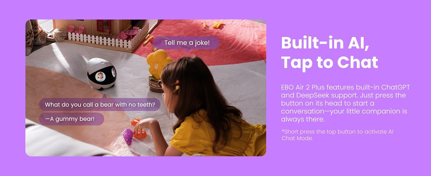 Indoor Security Camera Robot EBO Air 2 PLUS: 2K Pet Camera. Movable Home Robot. Custom Facial Expression. Auto-Recharge. Battery-Operated. 2-Way Talk. Night Vision. 32GB Memory Card