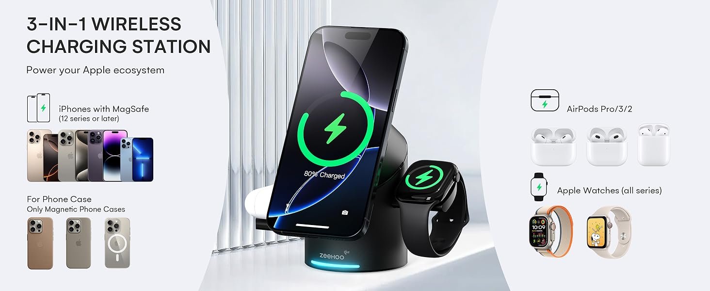 ZEEHOO 3 in 1 Charging Station for Apple Devices. Mag-Safe Charger Stand. Qi2 15W Auto-Rotating Wireless Charger for iPhone 17 16/15/14/13/12 Series& AirPods& iWatch(Black)