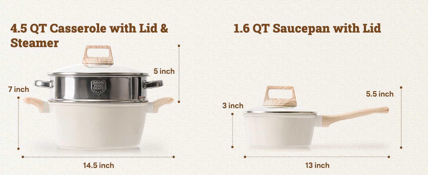 17 Pcs Pots and Pans Set Non stick .Cookware Sets White Granite Induction Cookware. Non-toxic Healthy Non Stick Kitchen Cooking Set with Frying Pans Set. Saucepans (PFAS. PFOA. PFOS Free) White