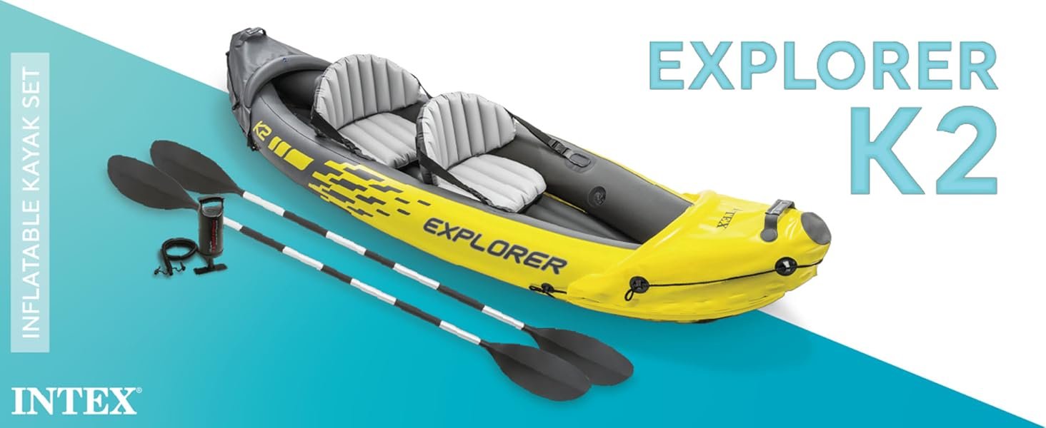 Intex 68307EP Explorer K2 Inflatable Kayak Set: Includes Deluxe 86in Aluminum Oars and High-Output Pump – SuperStrong PVC – Adjustable Seats with Backrest – 2-Person – 400lb Weight Capacity