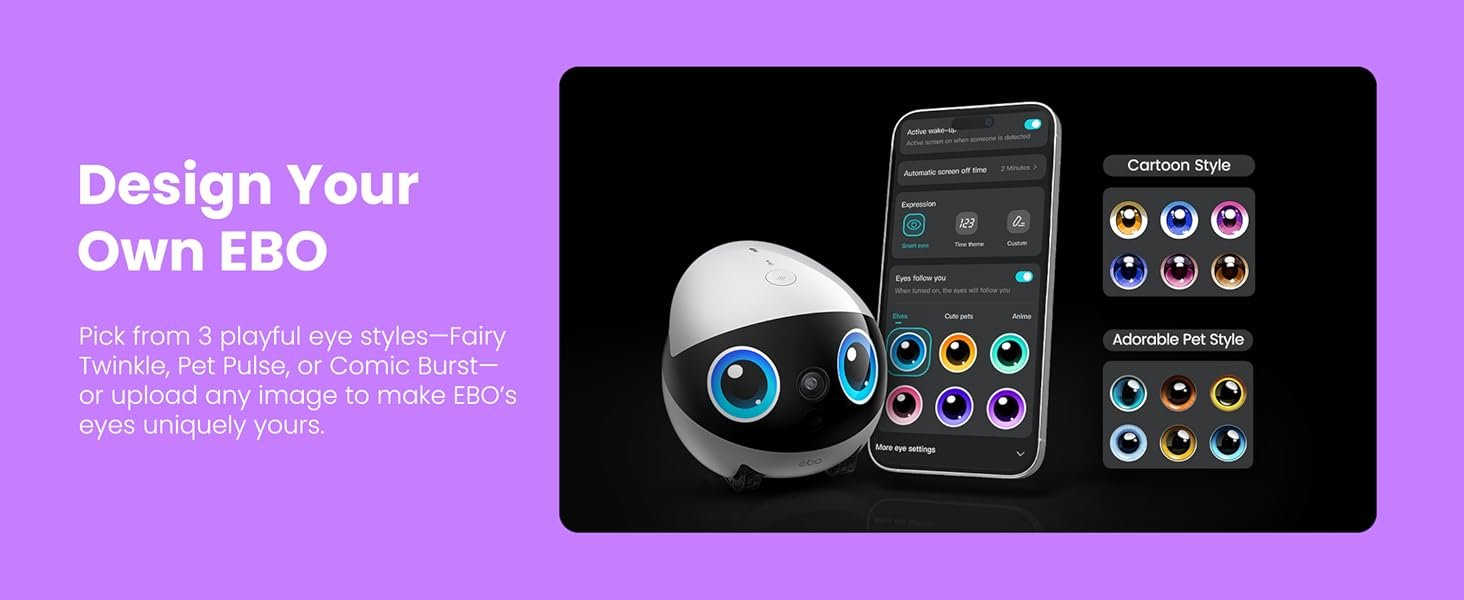 Indoor Security Camera Robot EBO Air 2 PLUS: 2K Pet Camera. Movable Home Robot. Custom Facial Expression. Auto-Recharge. Battery-Operated. 2-Way Talk. Night Vision. 32GB Memory Card