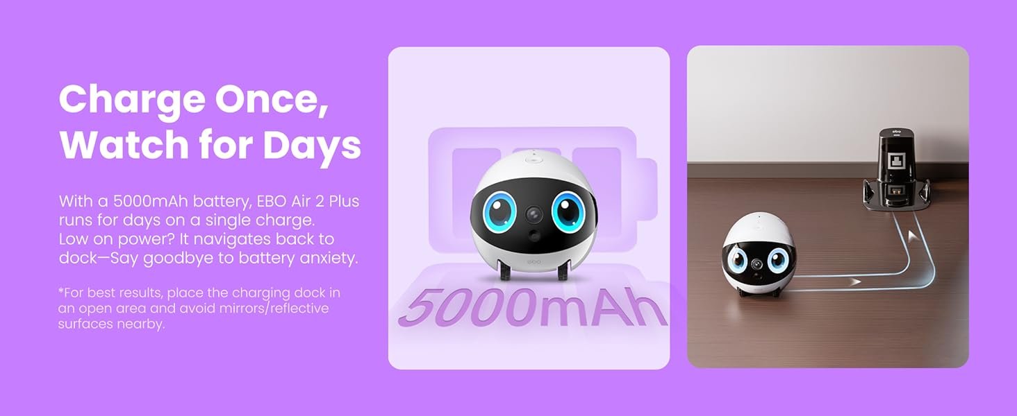Indoor Security Camera Robot EBO Air 2 PLUS: 2K Pet Camera. Movable Home Robot. Custom Facial Expression. Auto-Recharge. Battery-Operated. 2-Way Talk. Night Vision. 32GB Memory Card
