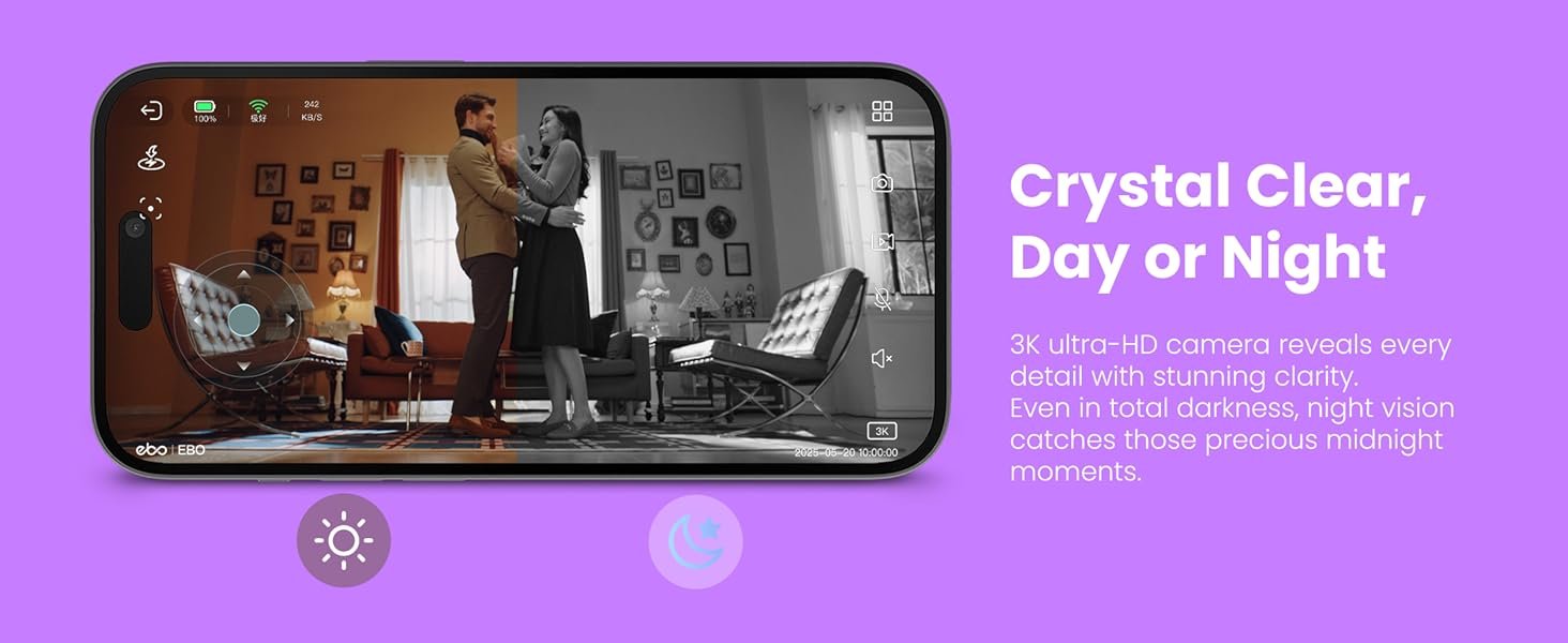 Indoor Security Camera Robot EBO Air 2 PLUS: 2K Pet Camera. Movable Home Robot. Custom Facial Expression. Auto-Recharge. Battery-Operated. 2-Way Talk. Night Vision. 32GB Memory Card