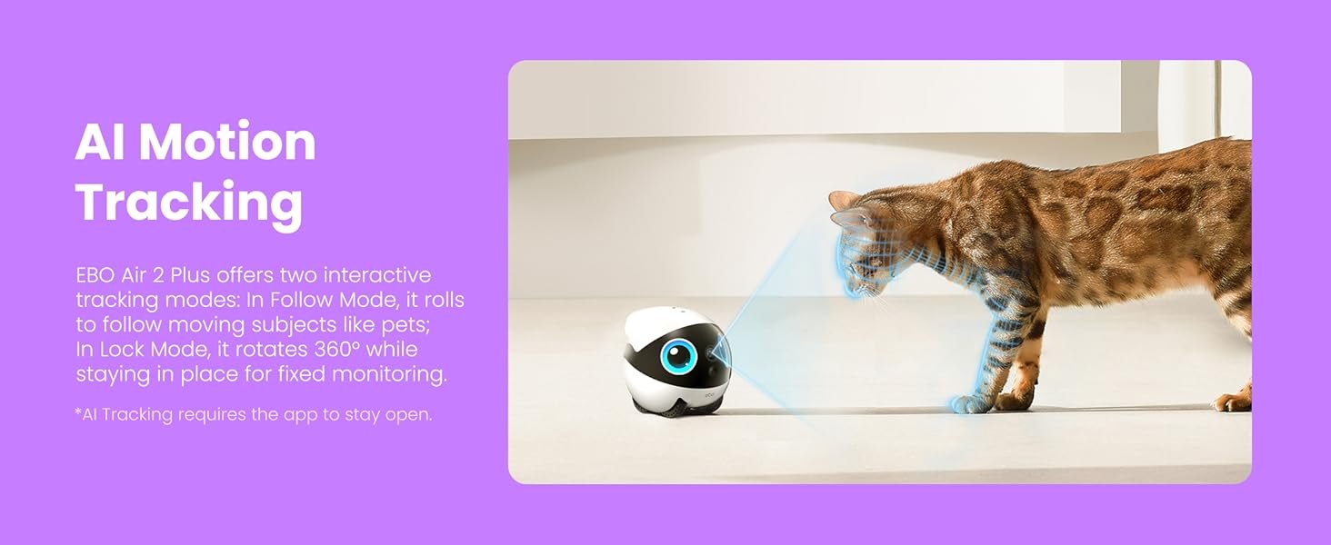 Indoor Security Camera Robot EBO Air 2 PLUS: 2K Pet Camera. Movable Home Robot. Custom Facial Expression. Auto-Recharge. Battery-Operated. 2-Way Talk. Night Vision. 32GB Memory Card