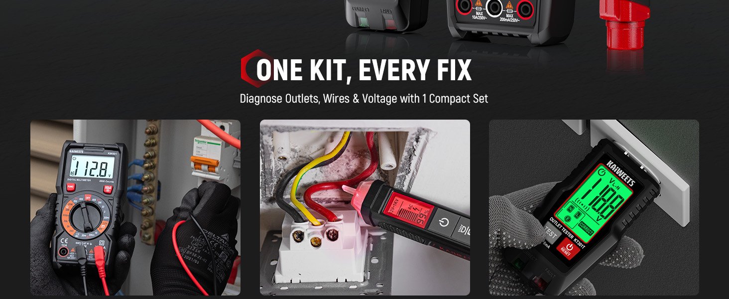 KAIWEETS Electrical Test Kit KIT01, Digital Multimeter, Smart Non-Contact Voltage Tester & GFCI Outlet Tester with LCD, Complete Set with Carrying Case & Batteries for Electrician, DIY & HVAC