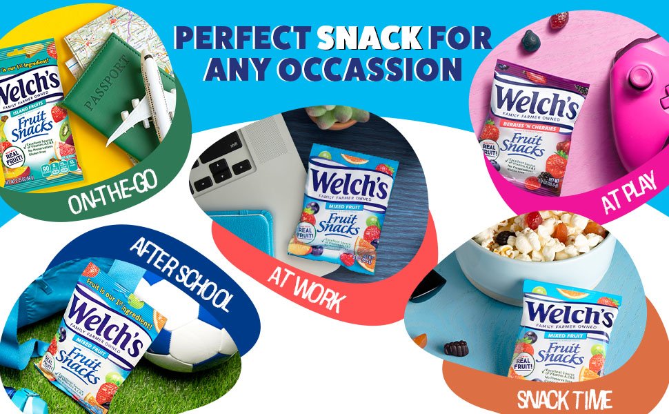 Welch's Fruit Snacks. Mixed Fruit & Berries 'N Cherries Variety Pack. Great for School Lunches. Bulk Pack. Halloween Treats. Individual Single Serve Bags. 0.8 oz (Pack of 60)