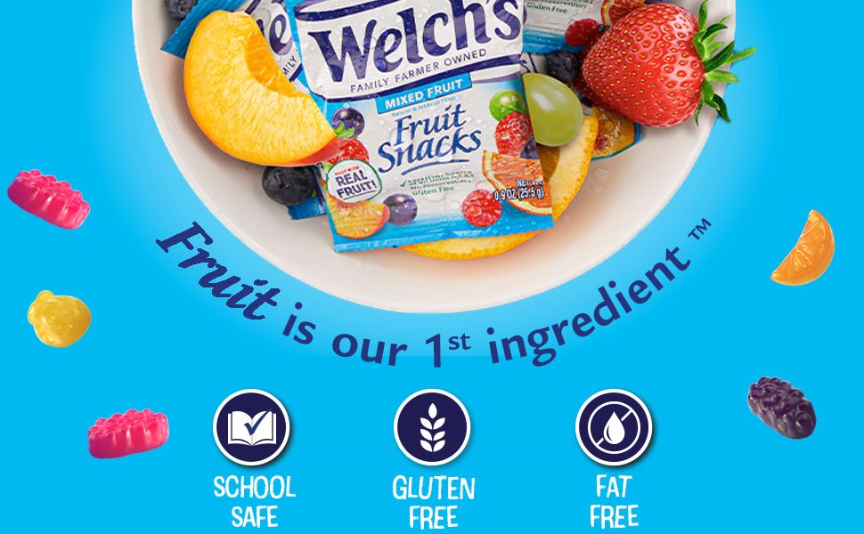 Welch's Fruit Snacks. Mixed Fruit & Berries 'N Cherries Variety Pack. Great for School Lunches. Bulk Pack. Halloween Treats. Individual Single Serve Bags. 0.8 oz (Pack of 60)