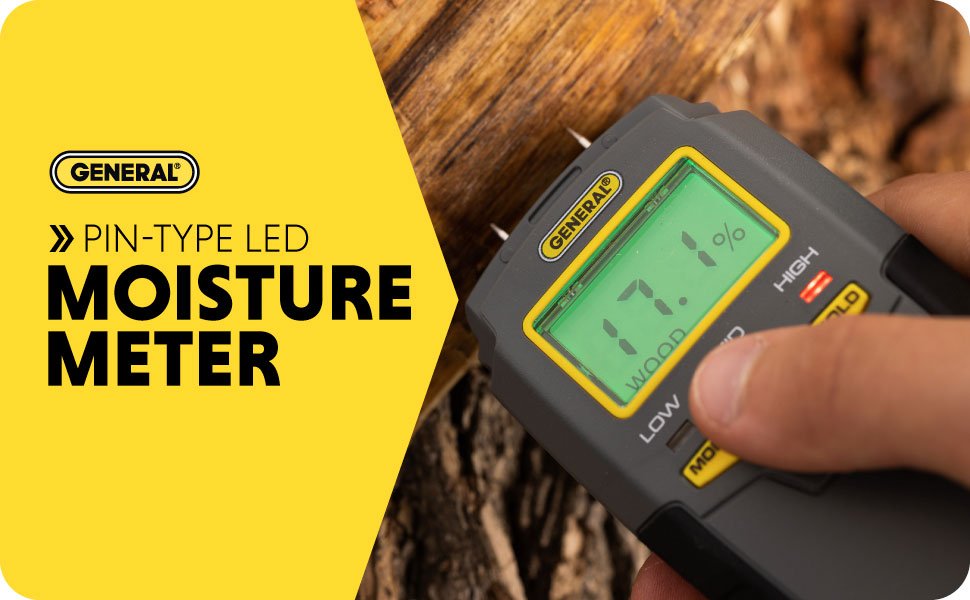 General Tools MMD4E Digital Moisture Meter, Water Leak Detector, Moisture Tester, Pin Type, Backlit LCD Display With Audible and Visual High-Medium-Low Moisture Content Alerts, Grays