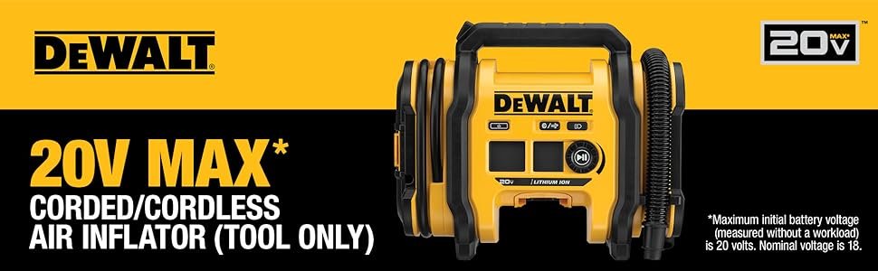 DEWALT Tire Inflator Portable Air Compressor 20V MAX, Air Pump with Automatic Shut Off, LED Light, Tool Only (DCC020IB)
