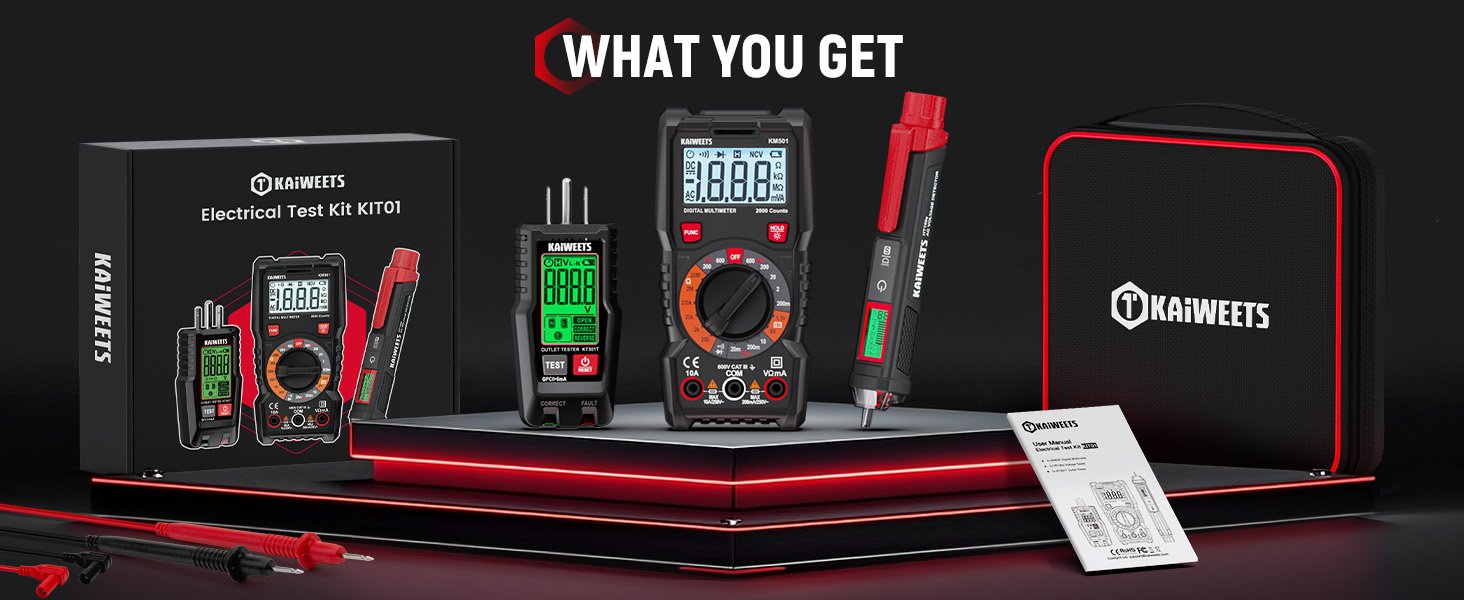 KAIWEETS Electrical Test Kit KIT01, Digital Multimeter, Smart Non-Contact Voltage Tester & GFCI Outlet Tester with LCD, Complete Set with Carrying Case & Batteries for Electrician, DIY & HVAC