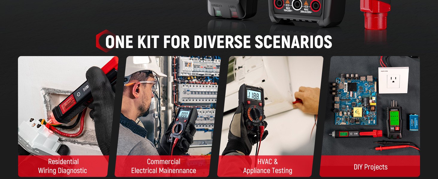 KAIWEETS Electrical Test Kit KIT01, Digital Multimeter, Smart Non-Contact Voltage Tester & GFCI Outlet Tester with LCD, Complete Set with Carrying Case & Batteries for Electrician, DIY & HVAC