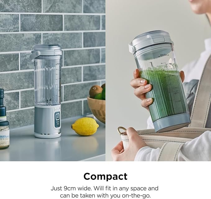 Ninja Blast Portable Blender. 30-second blend. BlastBlade(TM) Assembly. Crushes Ice. under 800g. Sip Lid. BPA Free. Re-chargeable Base. USB-C Charging Cord. 470ML. Ninja BC151SMCR. Cranberry Red