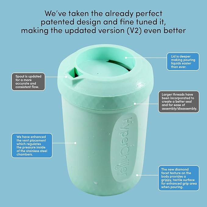 HyperChiller HC2M Patented Iced Coffee/Beverage Cooler. NEW. IMPROVED.STRONGER AND MORE DURABLE! Ready in One Minute. Reusable for Iced Tea. Wine. Spirits. Alcohol. Juice. 12.5 Oz. Mint Blue