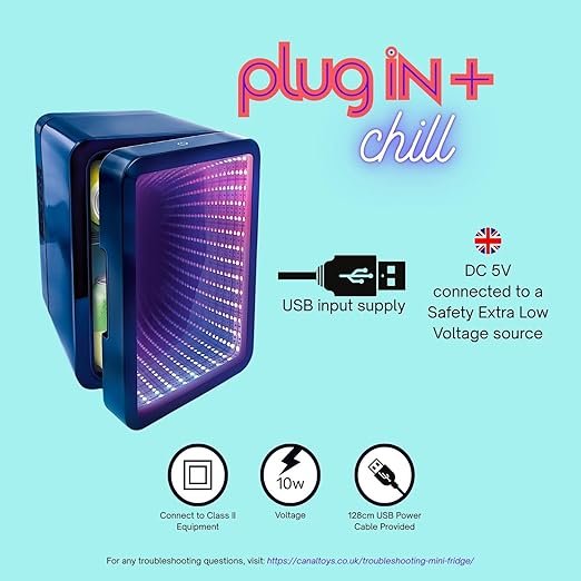 So Chill Mini Fridge Infinity Effect. Gamers. Students. Home/Car trips/Hangouts + More. USB Powered. Stickers Included. 4L/6 Cans. Mirror Infinity Effect Door