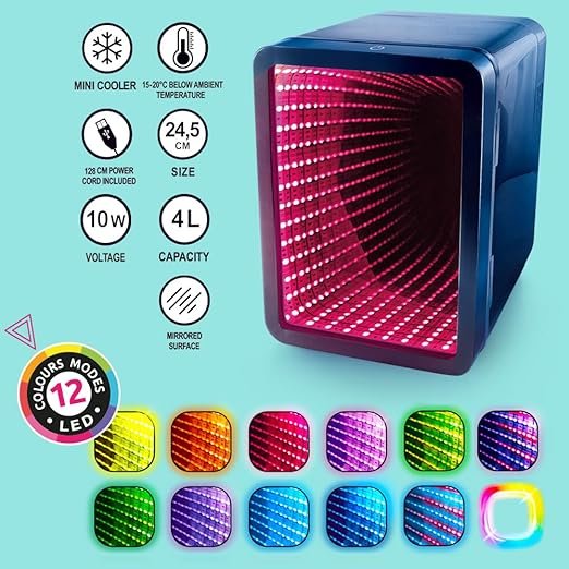 So Chill Mini Fridge Infinity Effect. Gamers. Students. Home/Car trips/Hangouts + More. USB Powered. Stickers Included. 4L/6 Cans. Mirror Infinity Effect Door