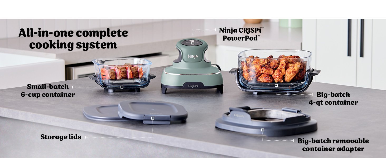 Ninja Crispi 4-in-1 Portable Glass Air Fryer Cooking System. 1500W. 4QT & 6-Cup TempWare Glass Containers with Storage Lids. Microwave. Freezer & Dishwasher Safe. Cyberspace Gray. FN101GY