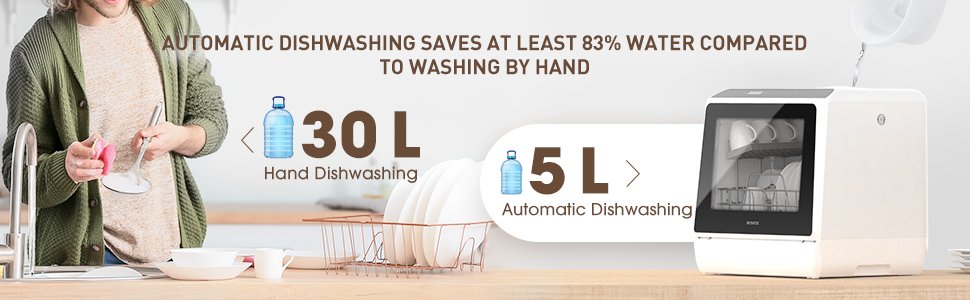 NOVETE Portable Countertop Dishwashers. Compact Dishwashers with 5L Built-in Water Tank & Inlet Hose. 5 Washing Programs. Baby Care. Air-Dry Function and LED Light for Small Apartments