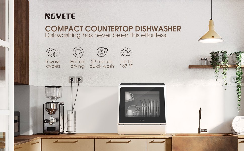 NOVETE Portable Countertop Dishwashers. Compact Dishwashers with 5L Built-in Water Tank & Inlet Hose. 5 Washing Programs. Baby Care. Air-Dry Function and LED Light for Small Apartments