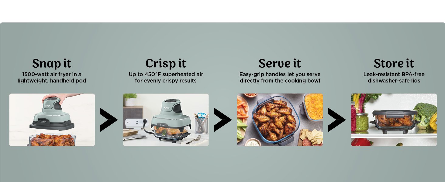 Ninja Crispi 4-in-1 Portable Glass Air Fryer Cooking System. 1500W. 4QT & 6-Cup TempWare Glass Containers with Storage Lids. Microwave. Freezer & Dishwasher Safe. Cyberspace Gray. FN101GY