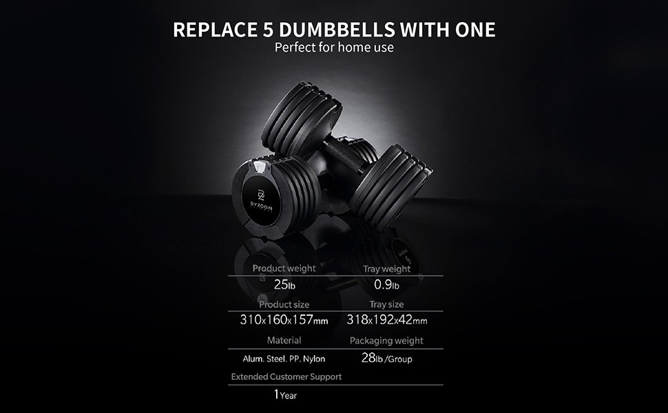 BYZOOM FITNESS Adjustable Dumbbell – 12.5/25lb Single Unit OR Set of 2 – 5-in-1 Adjustable Weight for Home Gym. Strength Training & Fitness Workouts. White OR Black