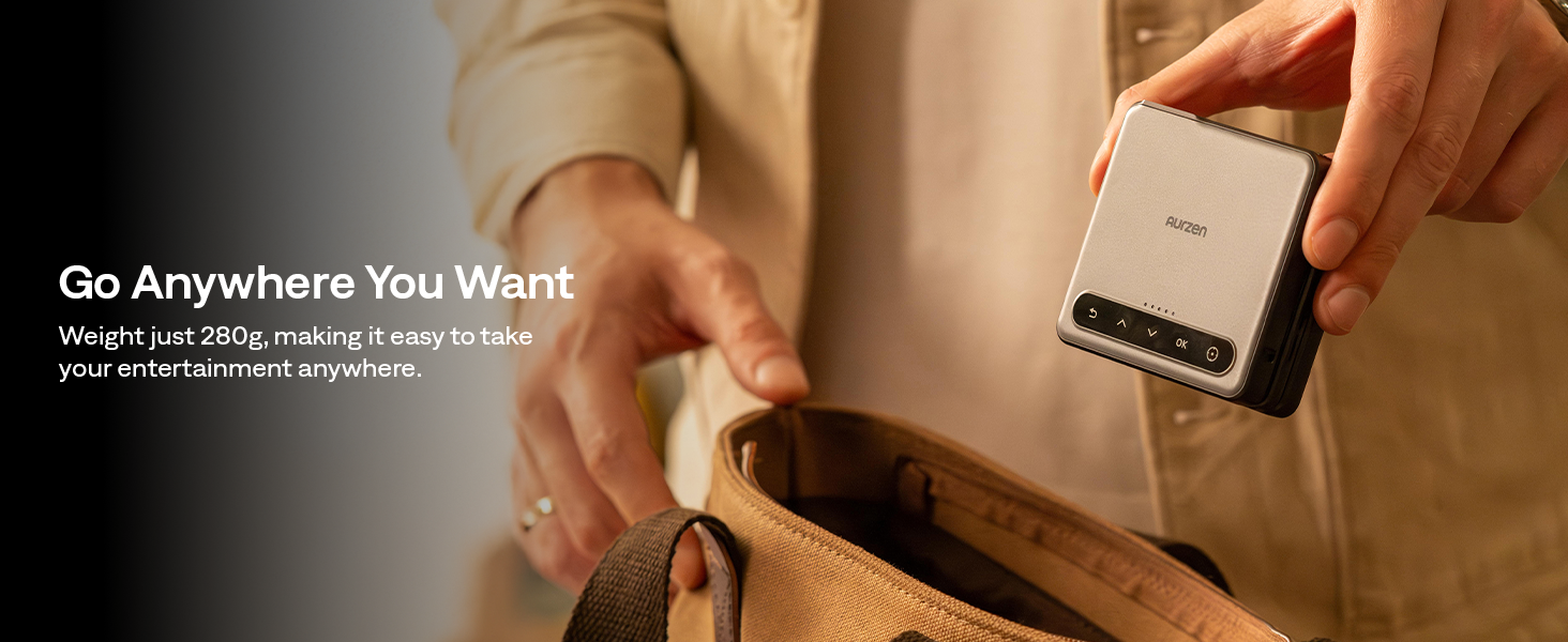 Aurzen ZIP Tri-Fold DLP Truly Mini Projector. Pocket Size. Zero-Lag Focus. One-Click Screen Mirroring. Full-Screen Mode. Type-C Fast Charging. 5.000mAh Battery. Indoor Outdoor Portable Projector.Gold