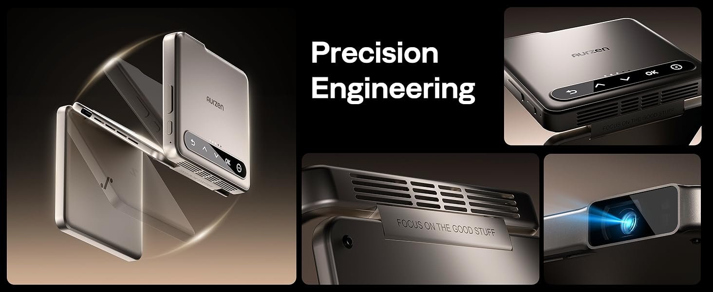 Aurzen ZIP Tri-Fold DLP Truly Mini Projector. Pocket Size. Zero-Lag Focus. One-Click Screen Mirroring. Full-Screen Mode. Type-C Fast Charging. 5.000mAh Battery. Indoor Outdoor Portable Projector.Gold