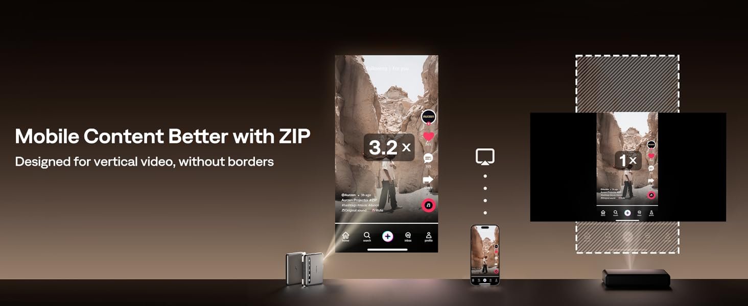 Aurzen ZIP Tri-Fold DLP Truly Mini Projector. Pocket Size. Zero-Lag Focus. One-Click Screen Mirroring. Full-Screen Mode. Type-C Fast Charging. 5.000mAh Battery. Indoor Outdoor Portable Projector.Gold