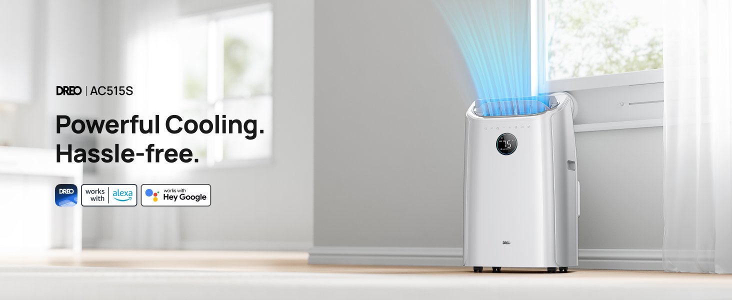 Dreo Portable Air Conditioners. 12.000 BTU AC Unit for Bedroom with Drainage-free Cooling. 46dB Quiet. APP/Voice/Remote. 24h Timer with Fan & Dehumidifier. Smart Standing AC for Room Indoors. AC515S