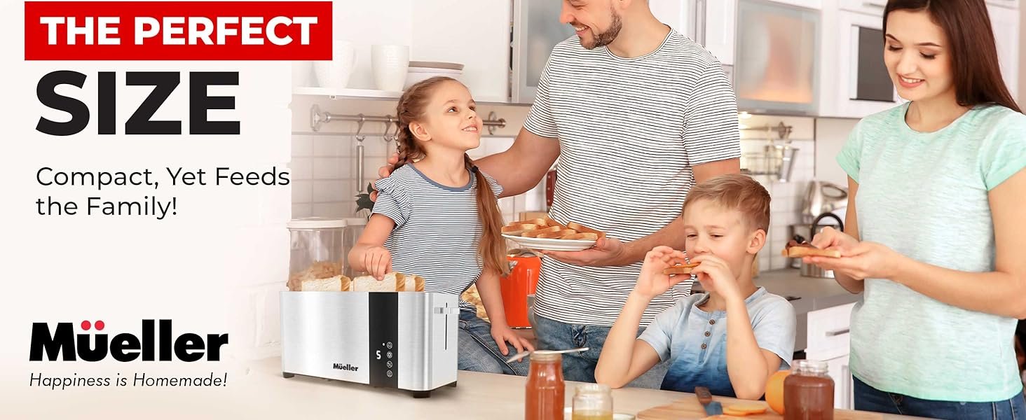 Mueller UltraToast Full Stainless Steel Toaster 4 Slice. Long Extra-Wide Slots for Bagels and Waffles. 6 Browning Levels. LED Display. Cancel/Defrost/Reheat Functions & Removable Tray. Kitchen Gadgets