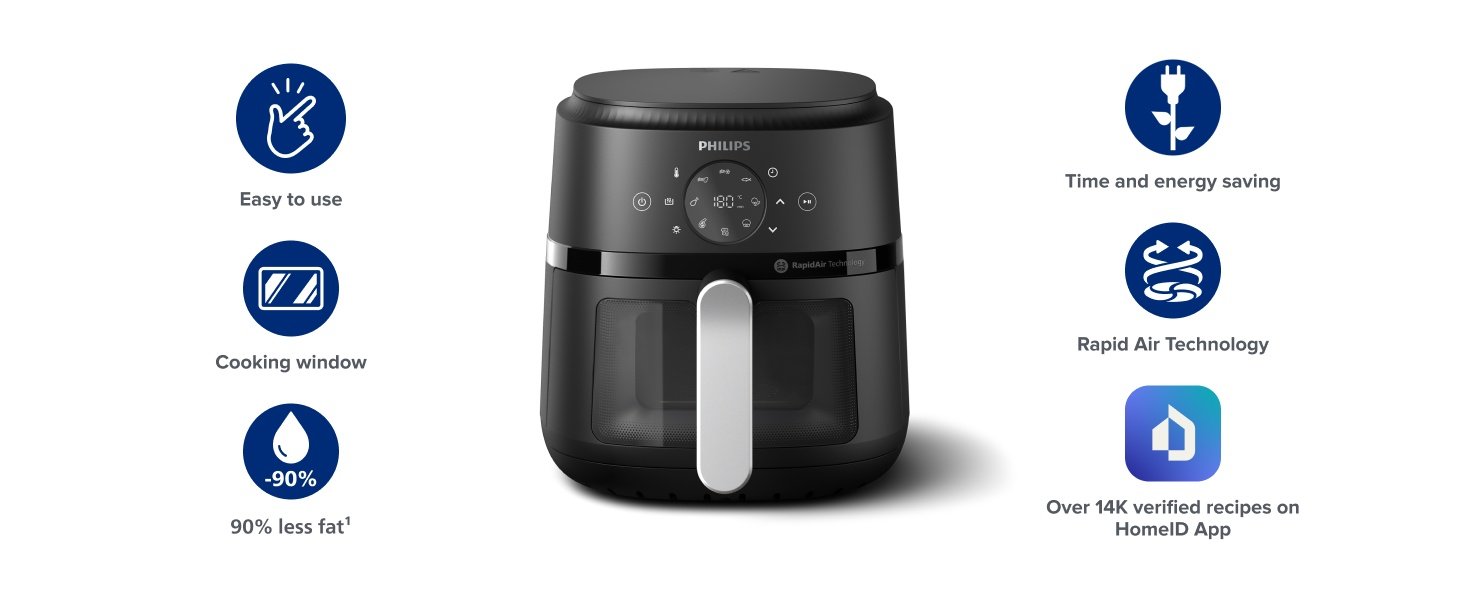 Philips 2000 Series Airfryer - RapidAir Technology. 13-in-1 Ways to Cook. 4.4QT Capacity. Healthier Meals Up to 90% Less Fat. Easy to Clean. Dishwasher Safe. Touchscreen Control. HomeID App (NA221/00)