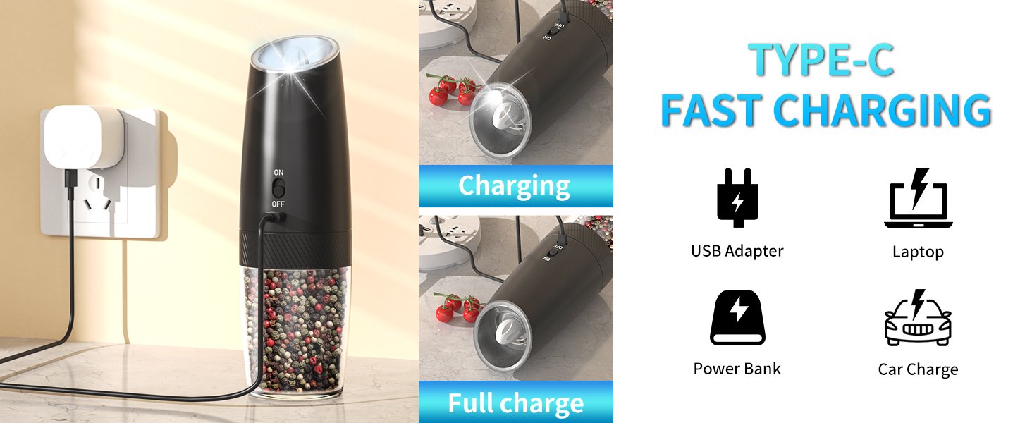 CIRCLE JOY Rechargeable Salt and Pepper Grinder Set Gravity Electric Salt and Pepper Grinder Set. LED Light. Adjustable Coarseness. for Home Kitchen BBQ. Black & White