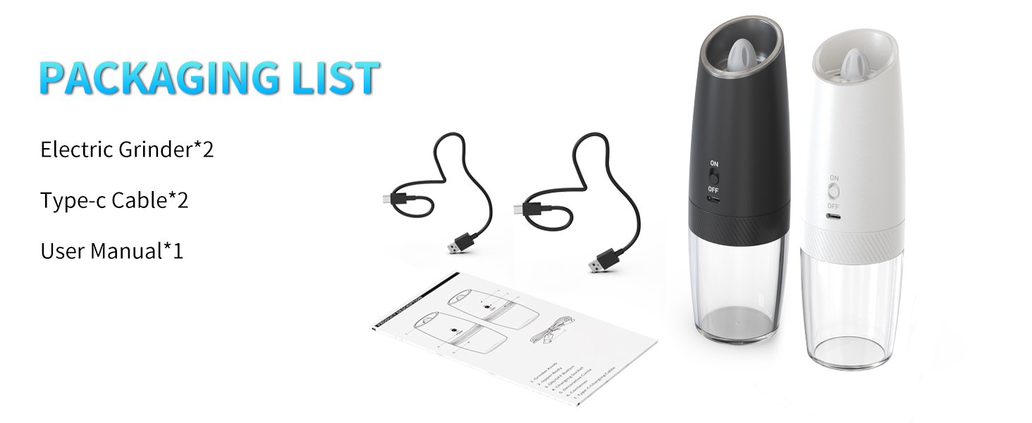 CIRCLE JOY Rechargeable Salt and Pepper Grinder Set Gravity Electric Salt and Pepper Grinder Set. LED Light. Adjustable Coarseness. for Home Kitchen BBQ. Black & White