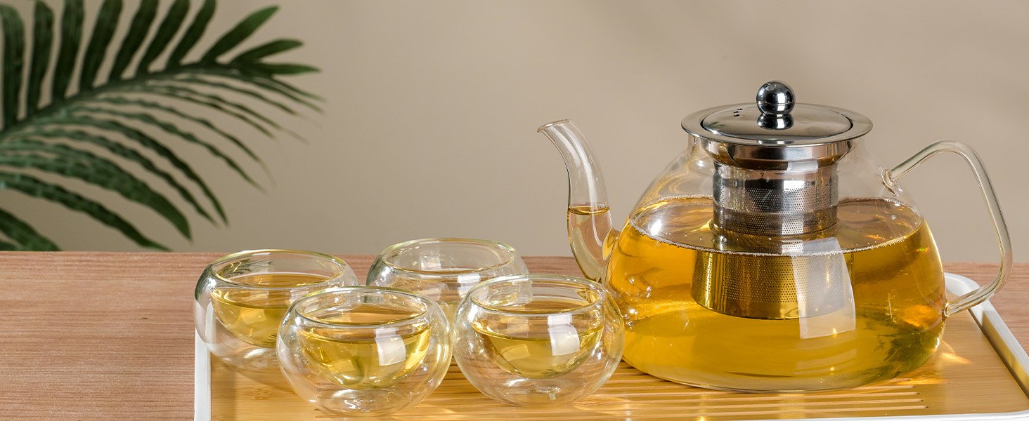 1200ml/40 oz Glass Teapot with 4 Double Wall Teacups and Removable Stainless Steel Infuser. Tea Sets for Adults. Clear Tea Kettle Stovetop Safe for Loose Leaf and Blooming Tea.Gifts for Christmas