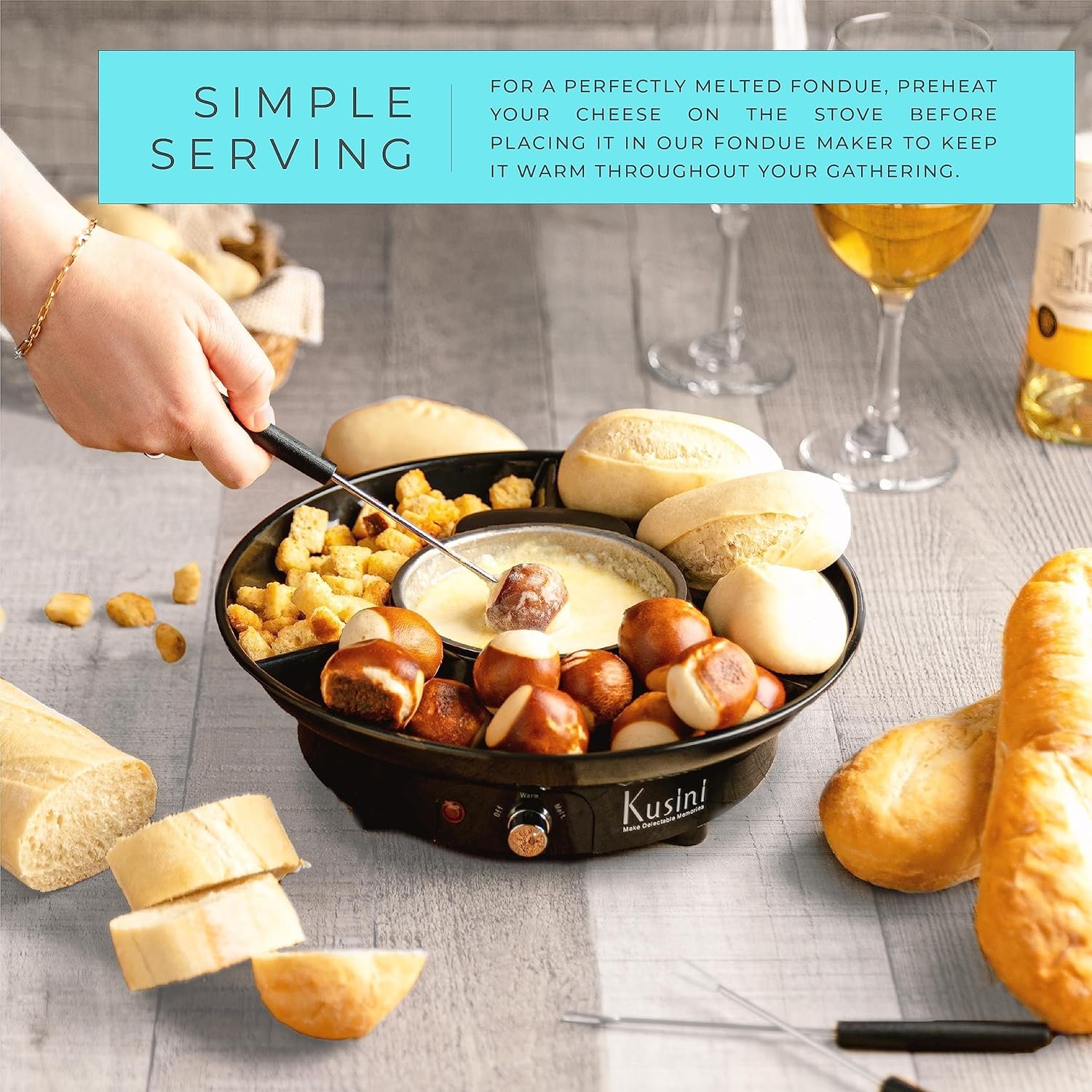 Kusini Electric Fondue Pot Set - Chocolate and Cheese Fondue - Temperature Control, Detachable Serving Trays, & 4 Roasting Forks - Gift Set & Date Night Idea. Serve at Movie Night or Game Night.